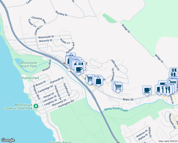 map of restaurants, bars, coffee shops, grocery stores, and more near 910 Sheffield Street in Cambria