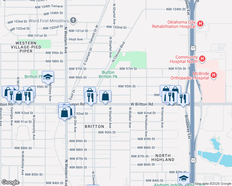 map of restaurants, bars, coffee shops, grocery stores, and more near 534 Northwest 94th Street in Oklahoma City