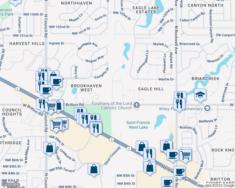 map of restaurants, bars, coffee shops, grocery stores, and more near 7501 West Britton Road in Oklahoma City