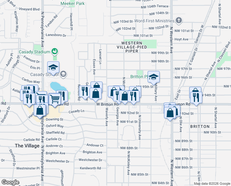 map of restaurants, bars, coffee shops, grocery stores, and more near 1420 Northwest 94th Street in Oklahoma City