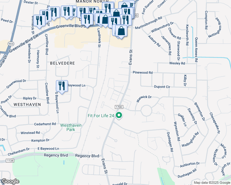 map of restaurants, bars, coffee shops, grocery stores, and more near 123 West Victoria Court in Greenville