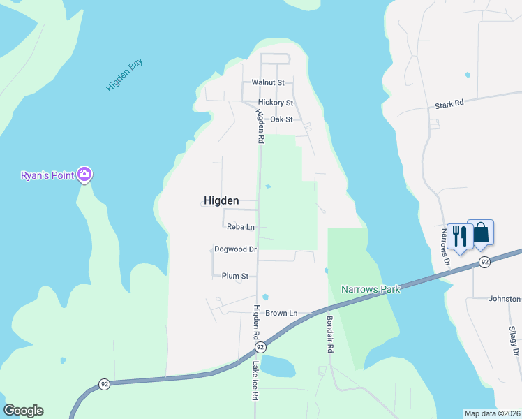 map of restaurants, bars, coffee shops, grocery stores, and more near 214 Higden Road in Higden