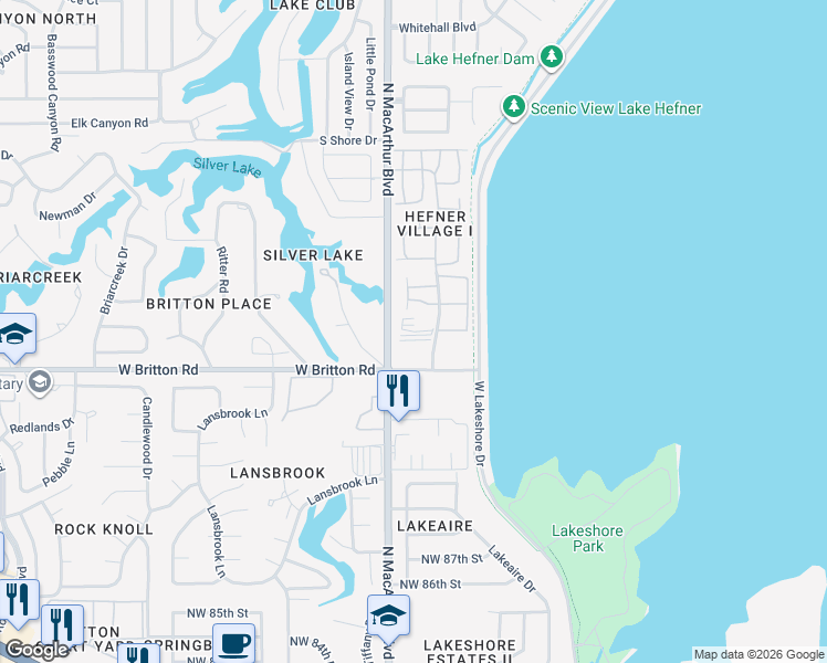 map of restaurants, bars, coffee shops, grocery stores, and more near 33 Hefner Village Boulevard in Oklahoma City