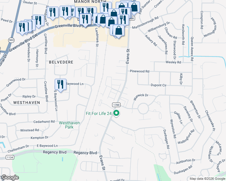 map of restaurants, bars, coffee shops, grocery stores, and more near 121 East Victoria Court in Greenville