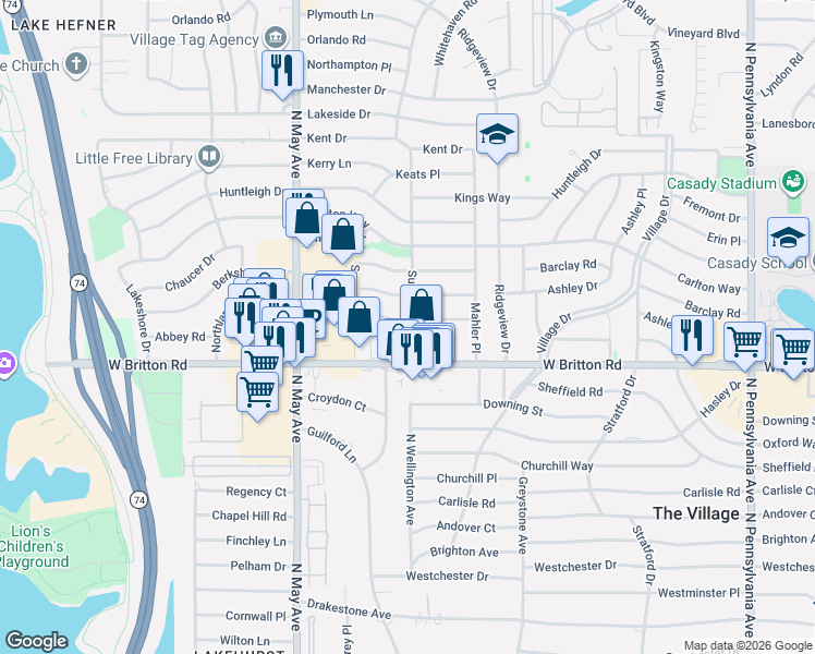 map of restaurants, bars, coffee shops, grocery stores, and more near 2711 Sunnymeade Place in The Village