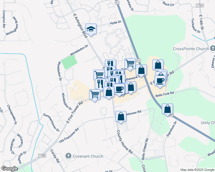 map of restaurants, bars, coffee shops, grocery stores, and more near 2001 East Arlington Boulevard in Greenville