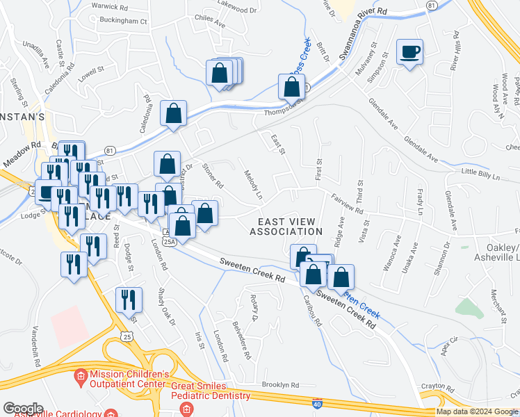 map of restaurants, bars, coffee shops, grocery stores, and more near 2 Eastview Avenue in Asheville