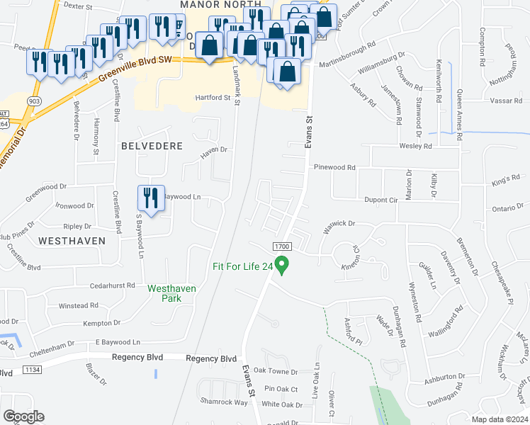 map of restaurants, bars, coffee shops, grocery stores, and more near 125 West Victoria Court in Greenville