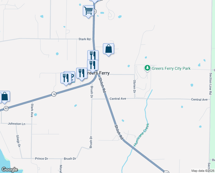map of restaurants, bars, coffee shops, grocery stores, and more near 100 Shiloh Road in Greers Ferry