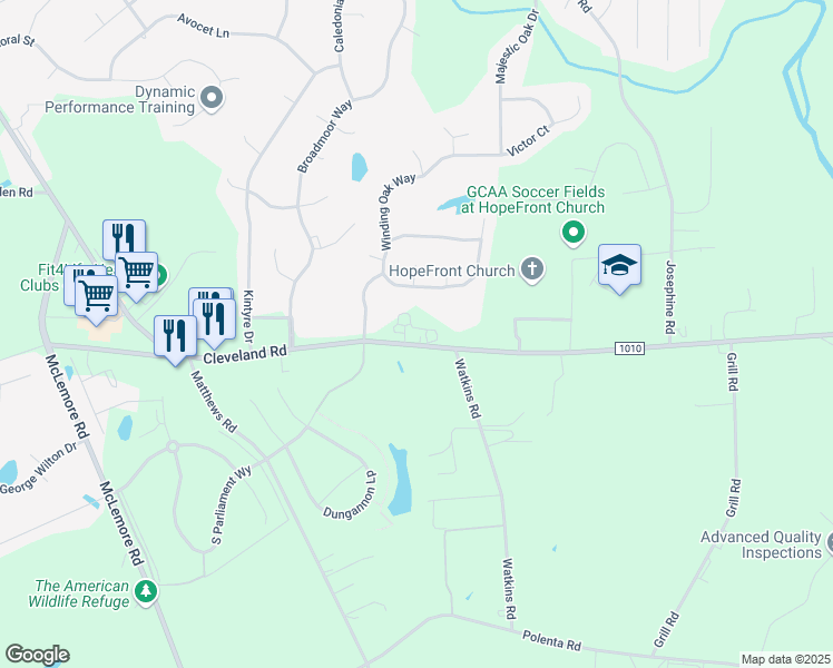 map of restaurants, bars, coffee shops, grocery stores, and more near 8480 Cleveland Road in Clayton