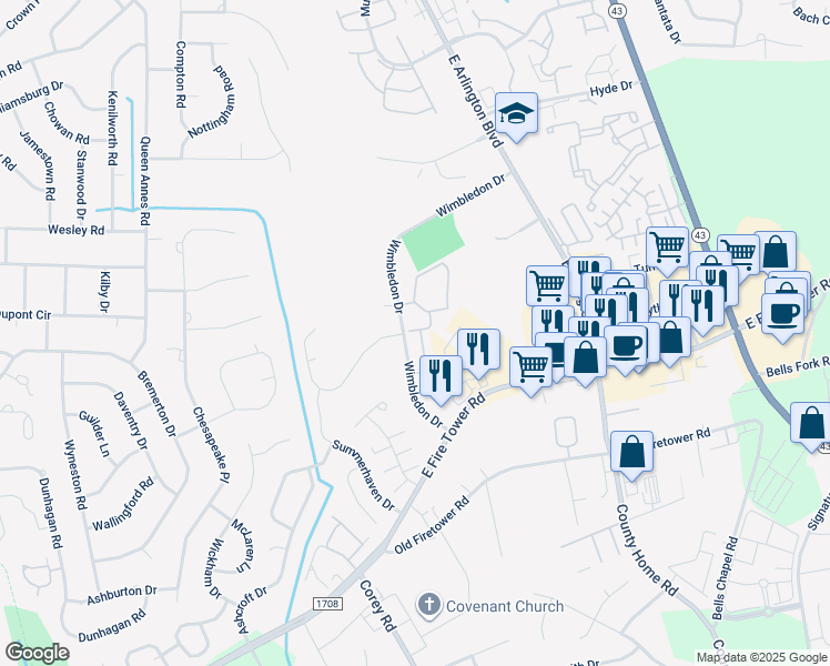 map of restaurants, bars, coffee shops, grocery stores, and more near 1550 Wimbledon Drive in Greenville