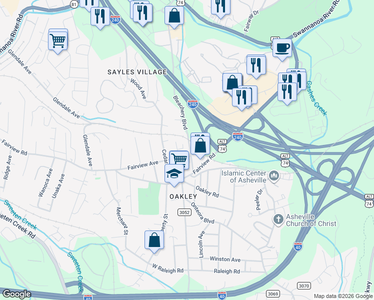 map of restaurants, bars, coffee shops, grocery stores, and more near 136 Fairview Avenue in Asheville