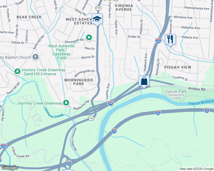map of restaurants, bars, coffee shops, grocery stores, and more near 303 Fairfax Avenue in Asheville