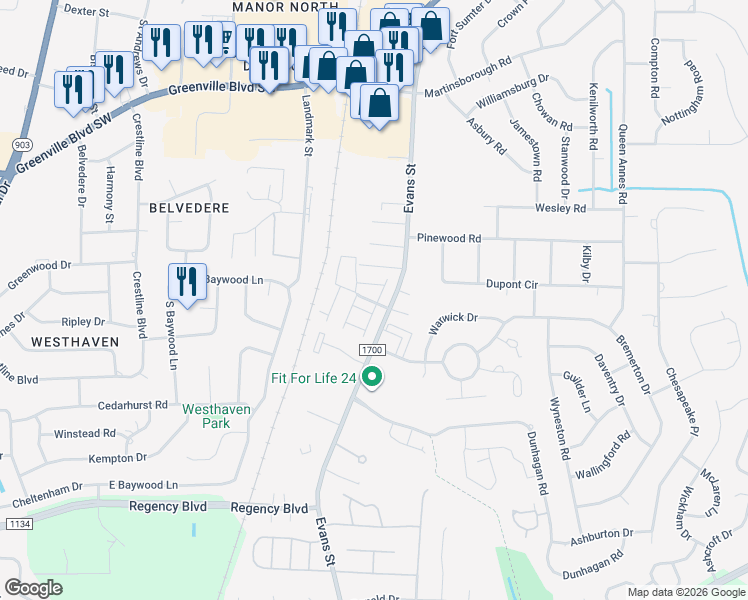 map of restaurants, bars, coffee shops, grocery stores, and more near 100 East Victoria Court in Greenville