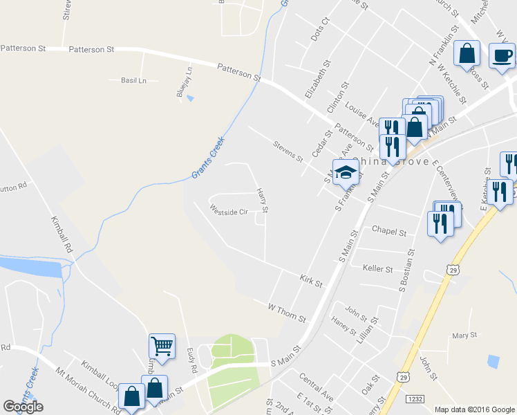 map of restaurants, bars, coffee shops, grocery stores, and more near 506 Westside Circle in China Grove