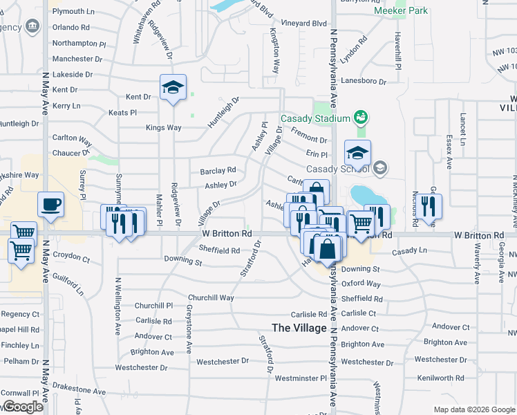 map of restaurants, bars, coffee shops, grocery stores, and more near 9501 Stratford Drive in The Village