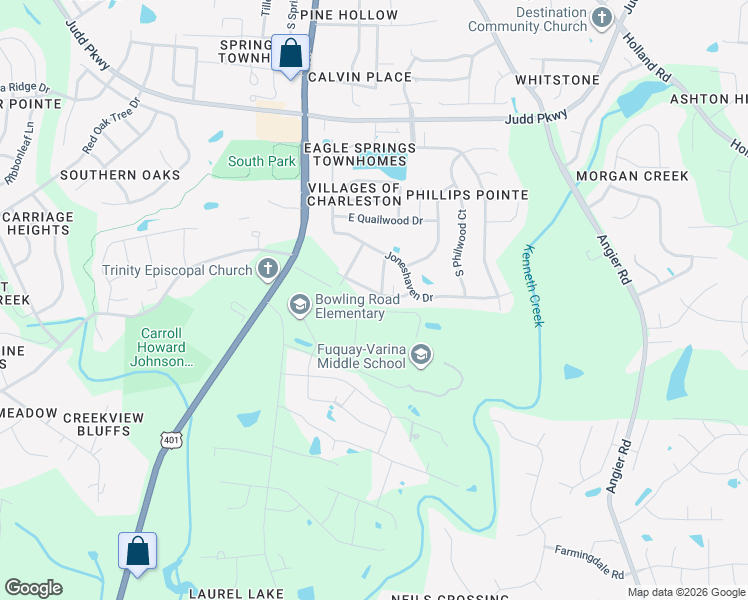 map of restaurants, bars, coffee shops, grocery stores, and more near 1201 Bowling Road in Fuquay-Varina