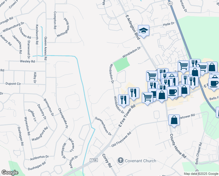 map of restaurants, bars, coffee shops, grocery stores, and more near 1613 Wimbledon Drive in Greenville