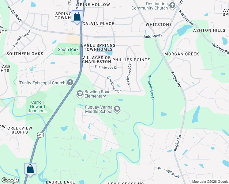 map of restaurants, bars, coffee shops, grocery stores, and more near 1201 Bowling Road in Fuquay-Varina