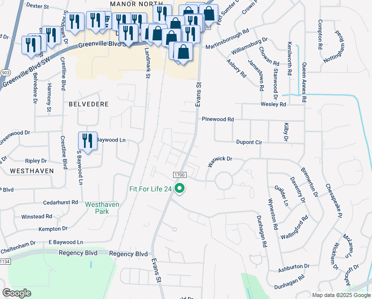 map of restaurants, bars, coffee shops, grocery stores, and more near 100 West Victoria Court in Greenville