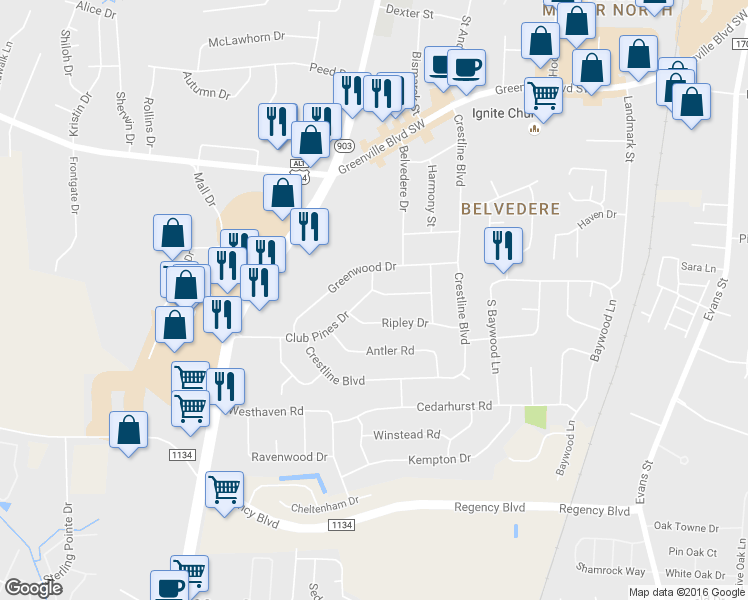 map of restaurants, bars, coffee shops, grocery stores, and more near 201 Club Pines Drive in Greenville