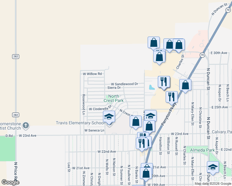 map of restaurants, bars, coffee shops, grocery stores, and more near 961 West Cinderella Drive in Pampa
