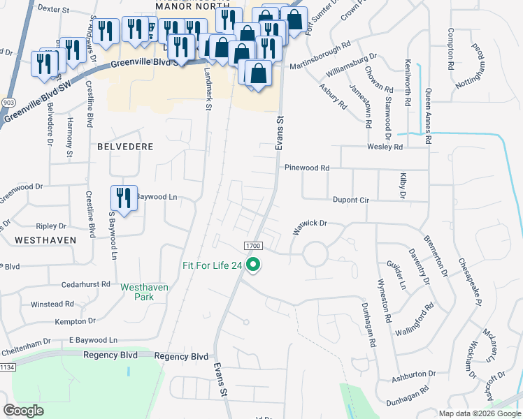 map of restaurants, bars, coffee shops, grocery stores, and more near 100 East Victoria Court in Greenville