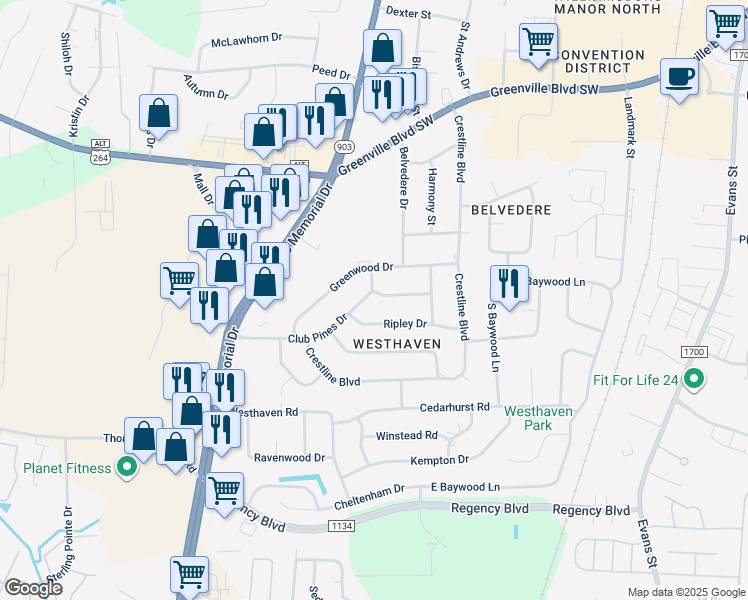 map of restaurants, bars, coffee shops, grocery stores, and more near 201 Club Pines Drive in Greenville