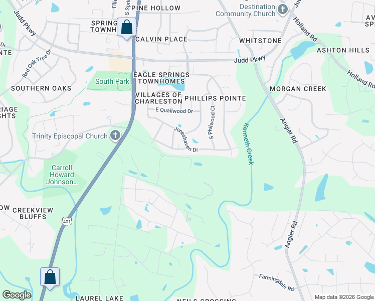 map of restaurants, bars, coffee shops, grocery stores, and more near 1201 Bowling Road in Fuquay-Varina