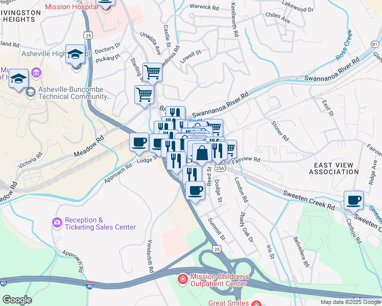 map of restaurants, bars, coffee shops, grocery stores, and more near in Asheville