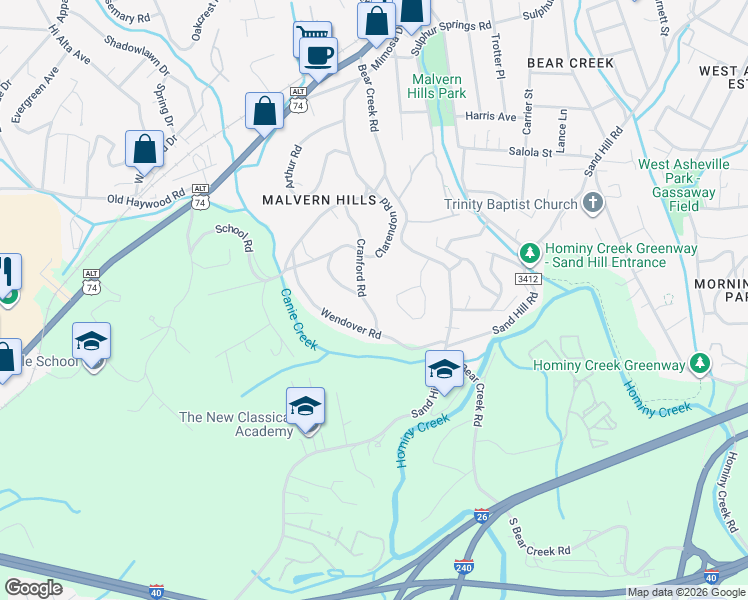 map of restaurants, bars, coffee shops, grocery stores, and more near 122 Cranford Road in Asheville