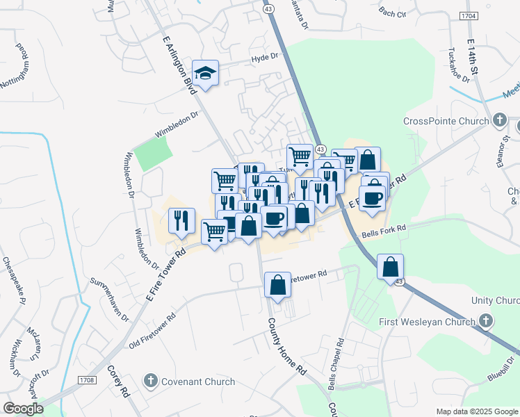 map of restaurants, bars, coffee shops, grocery stores, and more near 2001 East Arlington Boulevard in Greenville