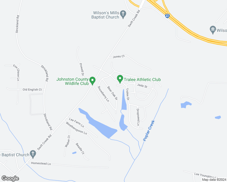 map of restaurants, bars, coffee shops, grocery stores, and more near 135 Bear Oak Drive in Smithfield
