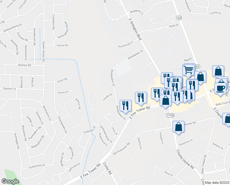 map of restaurants, bars, coffee shops, grocery stores, and more near 1610 Wimbledon Drive in Greenville