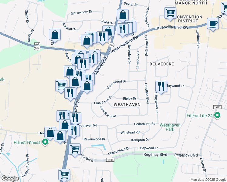 map of restaurants, bars, coffee shops, grocery stores, and more near 204 Club Pines Drive in Greenville