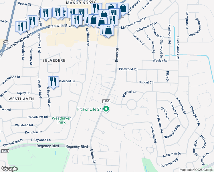map of restaurants, bars, coffee shops, grocery stores, and more near 106 West Victoria Court in Greenville