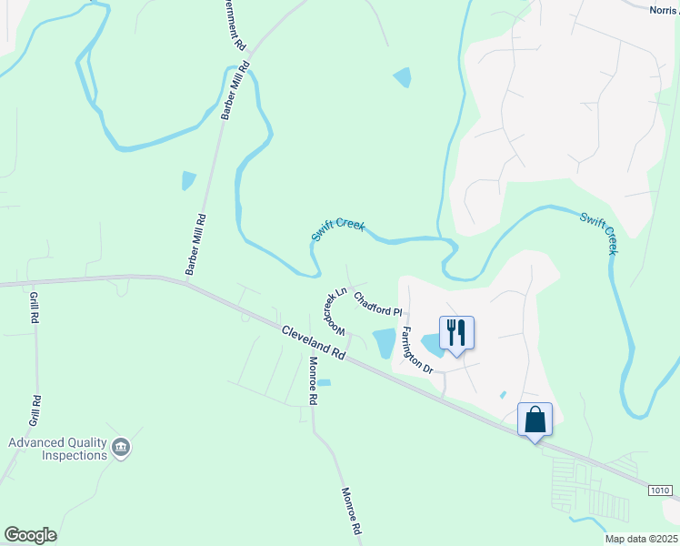 map of restaurants, bars, coffee shops, grocery stores, and more near 225 Woodcreek Lane in Clayton