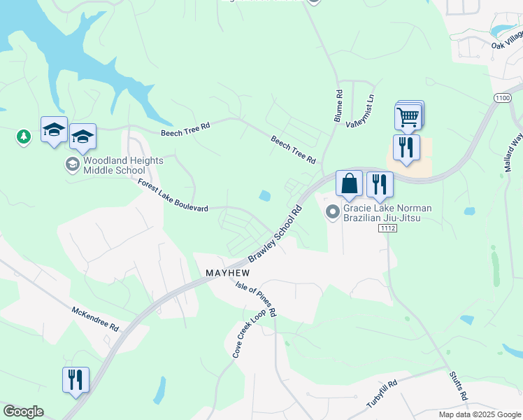 map of restaurants, bars, coffee shops, grocery stores, and more near 1222 Brawley School Road in Mooresville