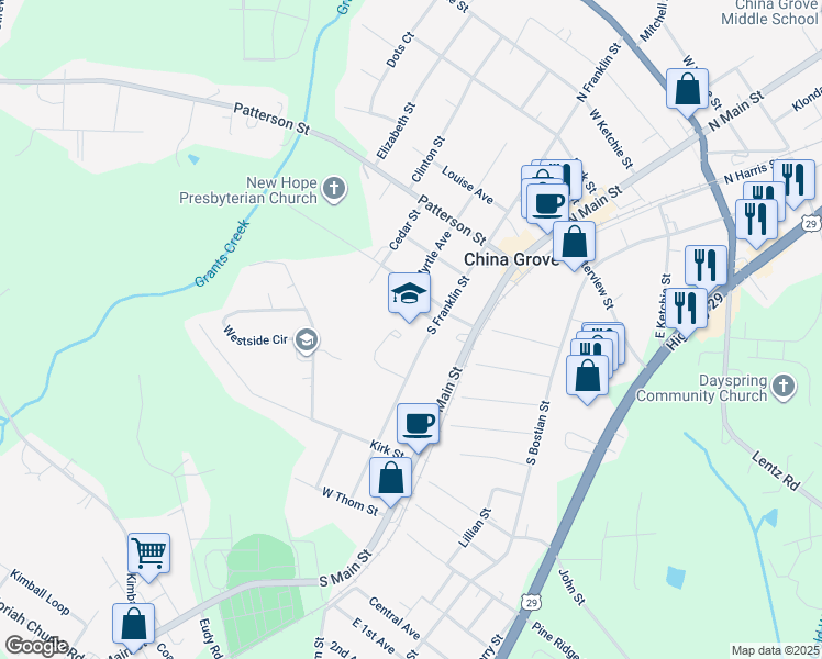 map of restaurants, bars, coffee shops, grocery stores, and more near 514 South Franklin Street in China Grove