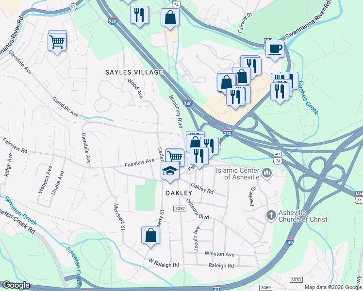 map of restaurants, bars, coffee shops, grocery stores, and more near 136 Fairview Avenue in Asheville