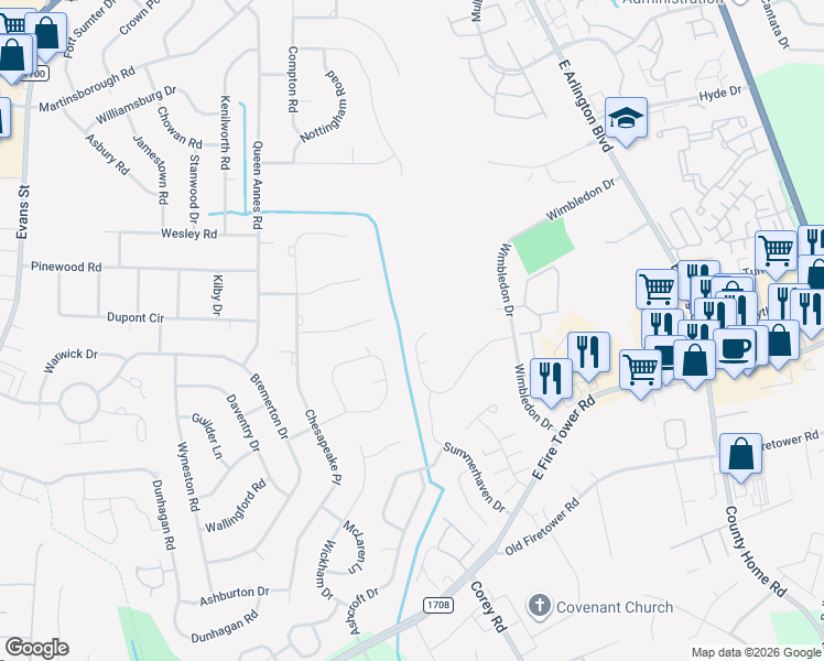 map of restaurants, bars, coffee shops, grocery stores, and more near 1107 Holden Drive in Greenville