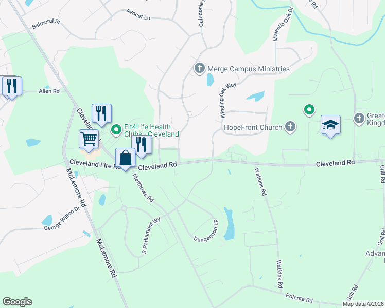 map of restaurants, bars, coffee shops, grocery stores, and more near 8674 Cleveland Road in Clayton