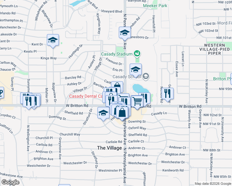 map of restaurants, bars, coffee shops, grocery stores, and more near 2113 North Pennsylvania Place in The Village