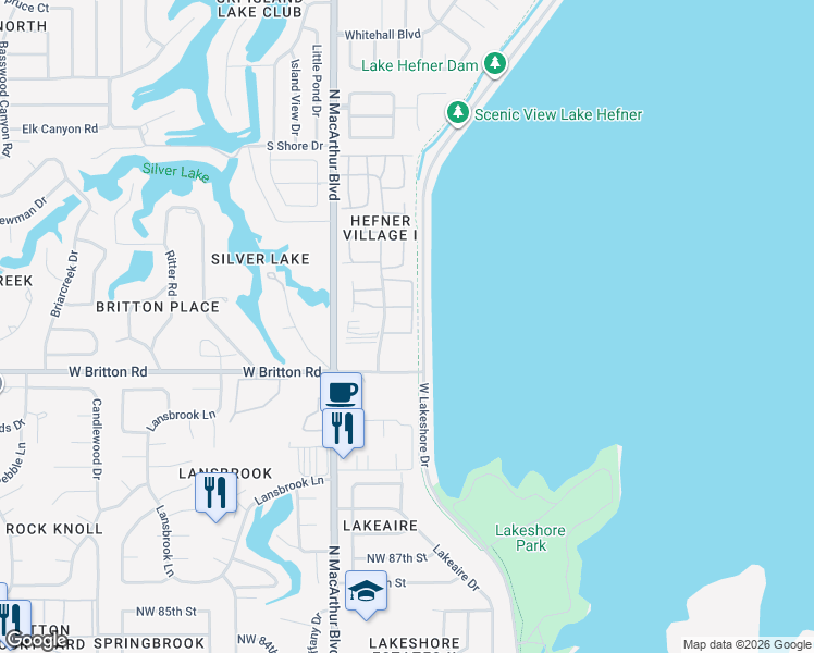 map of restaurants, bars, coffee shops, grocery stores, and more near 5701 West Britton Road in Oklahoma City