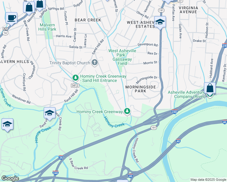 map of restaurants, bars, coffee shops, grocery stores, and more near 34 Gaia Lane in Asheville