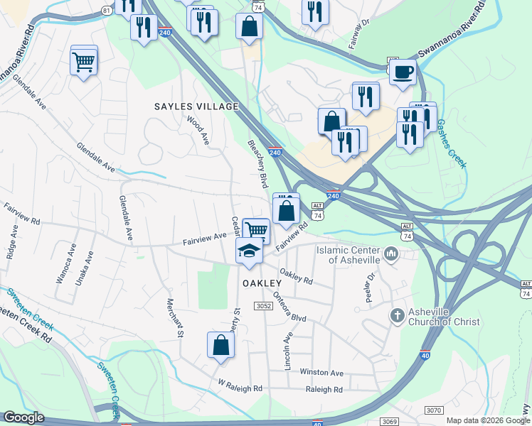 map of restaurants, bars, coffee shops, grocery stores, and more near 136 Fairview Avenue in Asheville