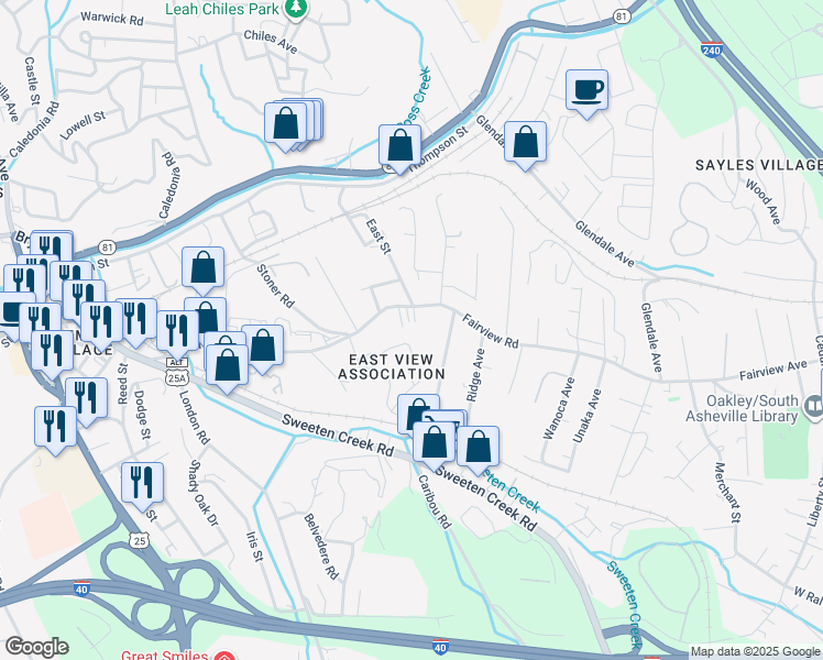 map of restaurants, bars, coffee shops, grocery stores, and more near 54 Eastview Avenue in Asheville