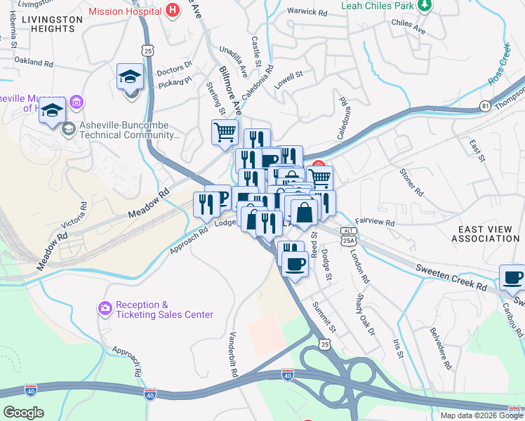 map of restaurants, bars, coffee shops, grocery stores, and more near in Biltmore Forest