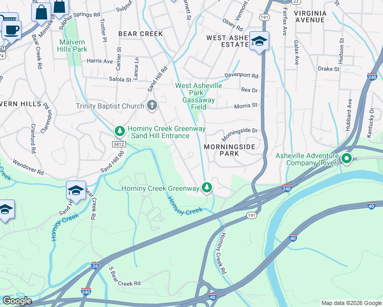 map of restaurants, bars, coffee shops, grocery stores, and more near 304 Westforest Lane in Asheville