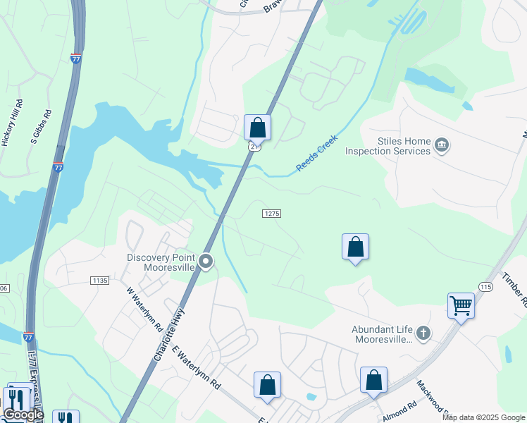 map of restaurants, bars, coffee shops, grocery stores, and more near Deerwood Lane in Mooresville